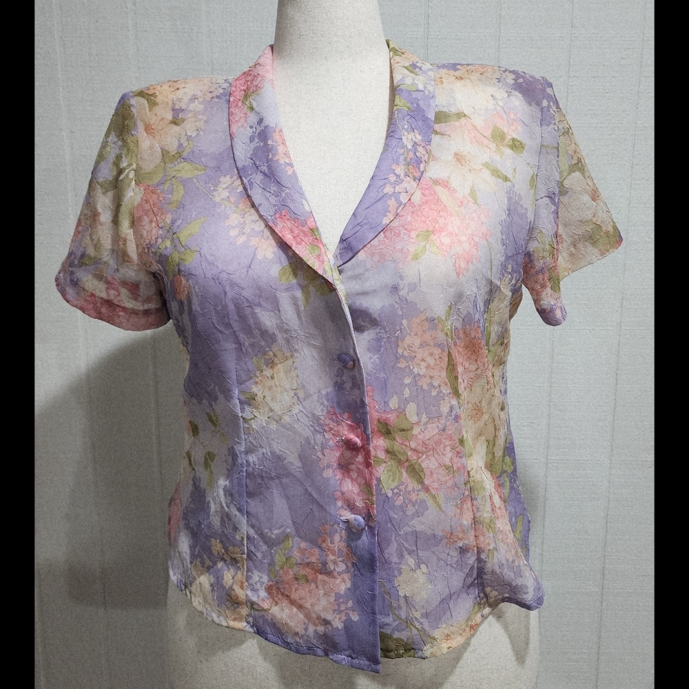 R&K Originals Blouse Sheer Crinkle Floral Print Button Up Cutout Back Size 14